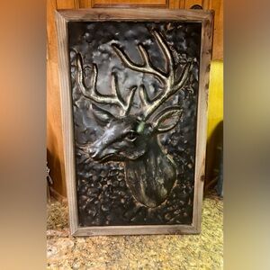vintage copper repoussé deer wall art in a wooden frame